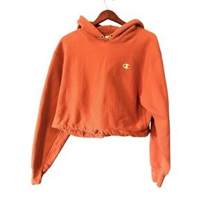 Champion Cropped Hooded T-Shirt Womens M Orange Reverse Weave Embroidered